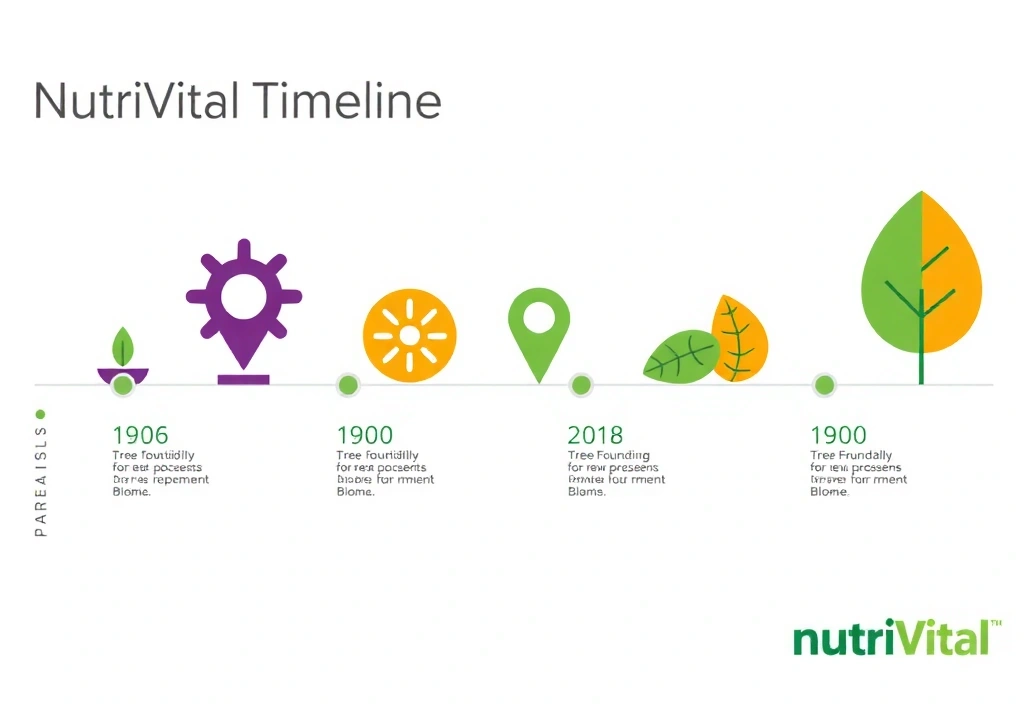 O reprezentare vizuală a unui timeline stilizat, cu puncte cheie marcate, ilustrând evoluția companiei Nutrivitalfo de la înființare până în prezent. Design modern, cu elemente de creștere și progres.