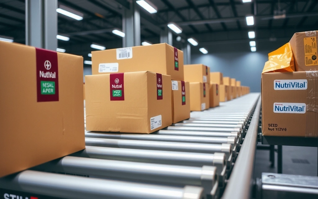 Cutii de livrare sigilate, pe o bandă transportoare, simbolizând procesul eficient de livrare a produselor Nutrivitalfo
